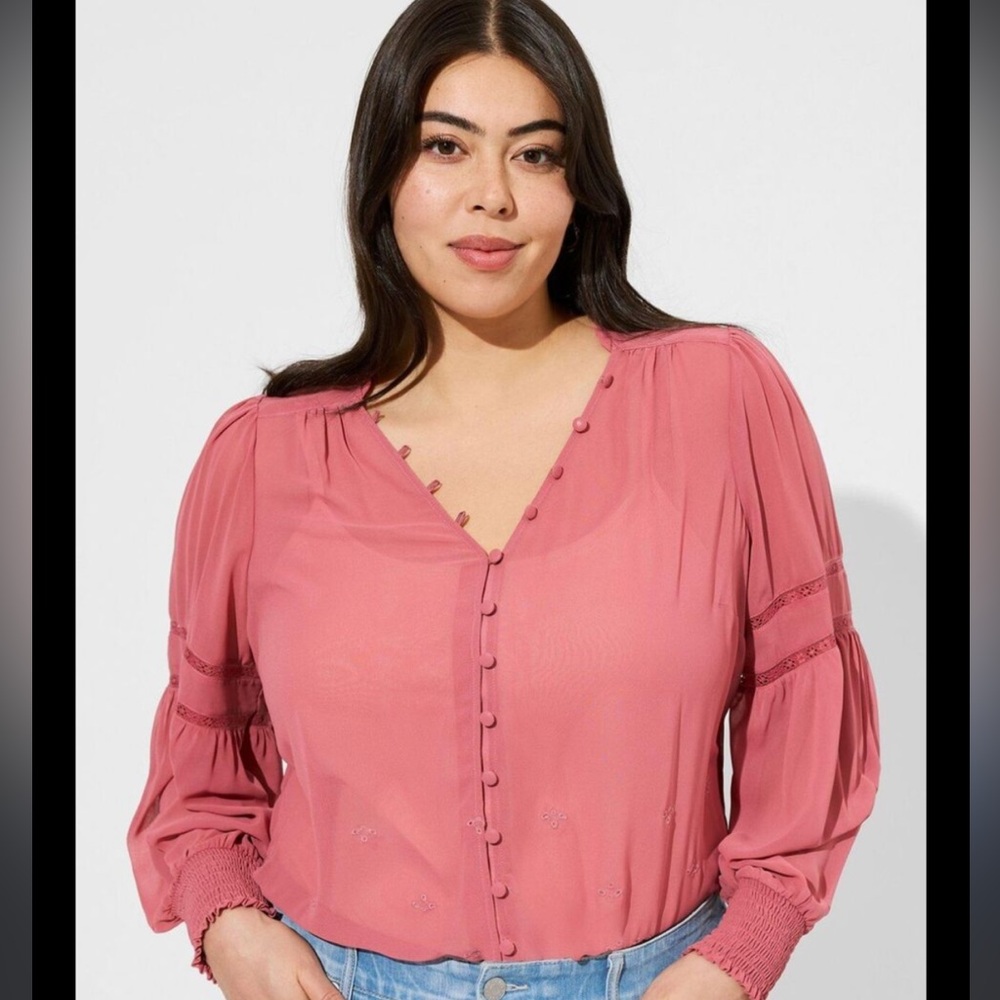 NWT Torrid Mauve Eyelet Embroidered Chiffon Smocked Collar Blouse size 2